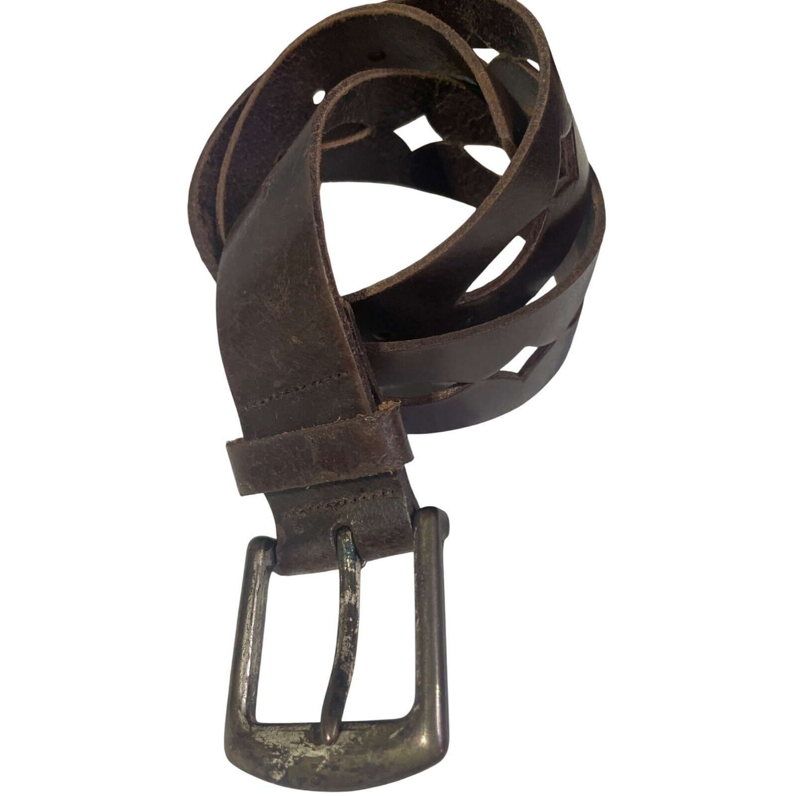 Brown Leather Diamond Cutout Belt Western Boho Rugged Unisex Casual Strap